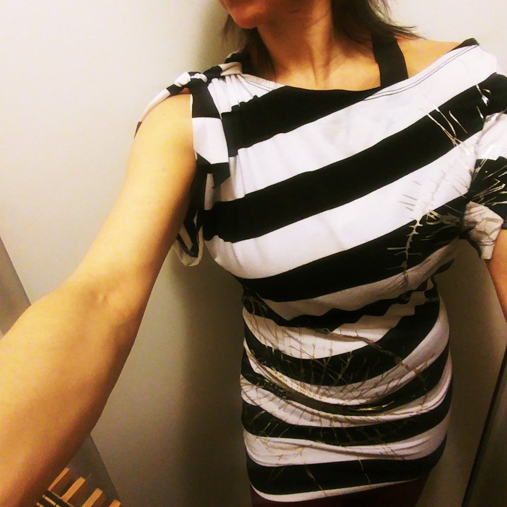 2FOR$15 -- Black/White striped bodycon angular short sleeved top